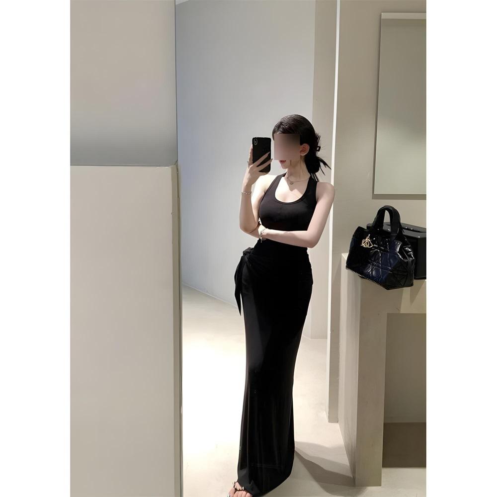 

Свободное платье-майка с U-образным вырезом, женственное, тонкое, нишевое, на треугольных бретелях-полотенцах, длинное XL- (recommended 110-60kg)