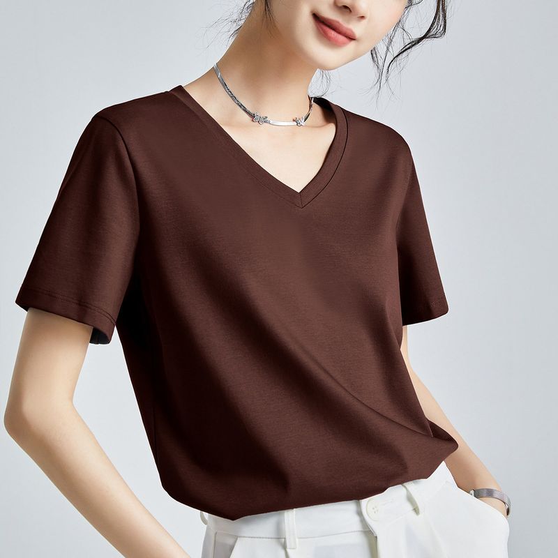 

Accessible Luxury Loose Half-Sleeved T-shirt Fancy Mulberry Silk Brown V-Neck [Cool Mercerized Cotton] 3XL