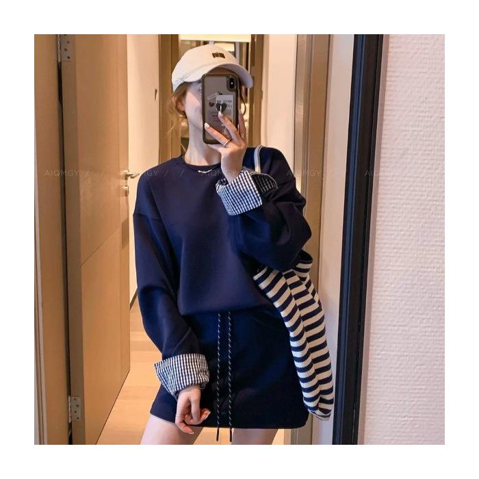300g Baumwollmischung Britischer Stil Zweiteiler: Früher Herbst Sweatshirt & Kurzer Rock