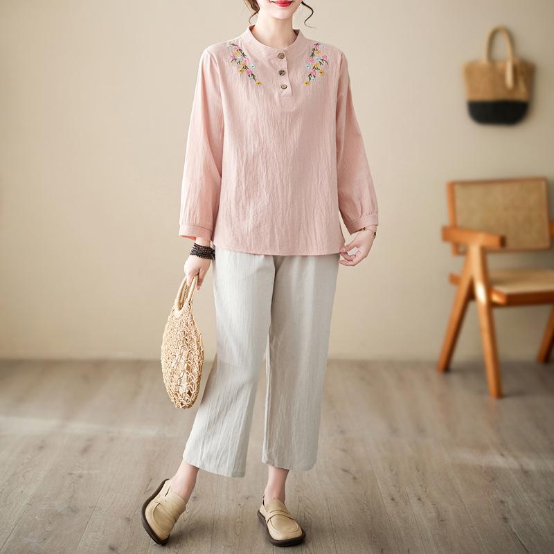 WoMan's Spring and Summer Cotton  Linen Tops Loose Retro Bottoming Shirt  Embroidered Flower Stand-up Collar Half-open Long-sleeved Shirt