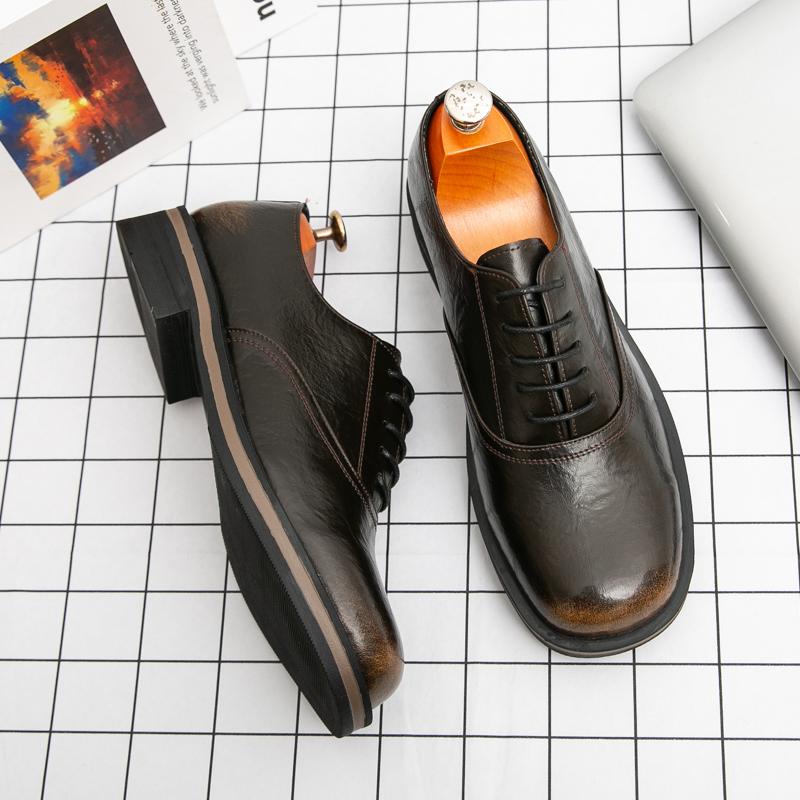 Fashion Retro Black Thick Bottom Large Head Men's Shoes Wedding Business Casual Lace Up Loafers Round Toe Leather Shoes for Men