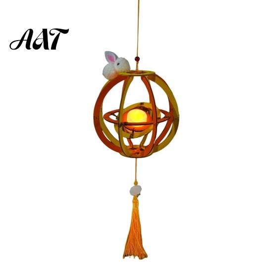 Lantern with Rabbit DIY Kit for Mid-Autumn Festival, Hollow Wooden Rotating Ring Hand Painted Lanterns Rabbit, Handmade LED Candle Toy Tassels
