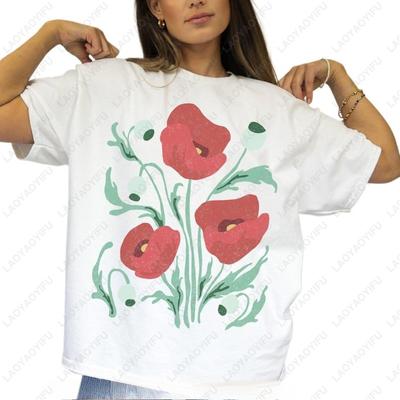 Wildflower Shirt for Women HandDrawn Poppies Floral Graphic Tees Heavy Cotton Casual Tops for Nature Lovers Funny Print TShirt