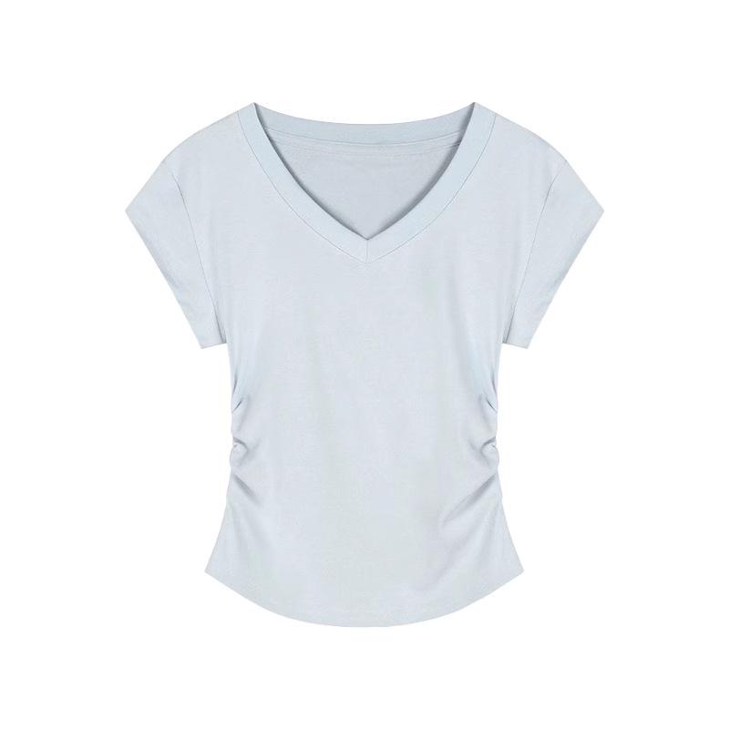 IZNK Women's Slim Fit V-Neck Pleated T-Shirt - Short-Sleeved, Summer 2025 Edition