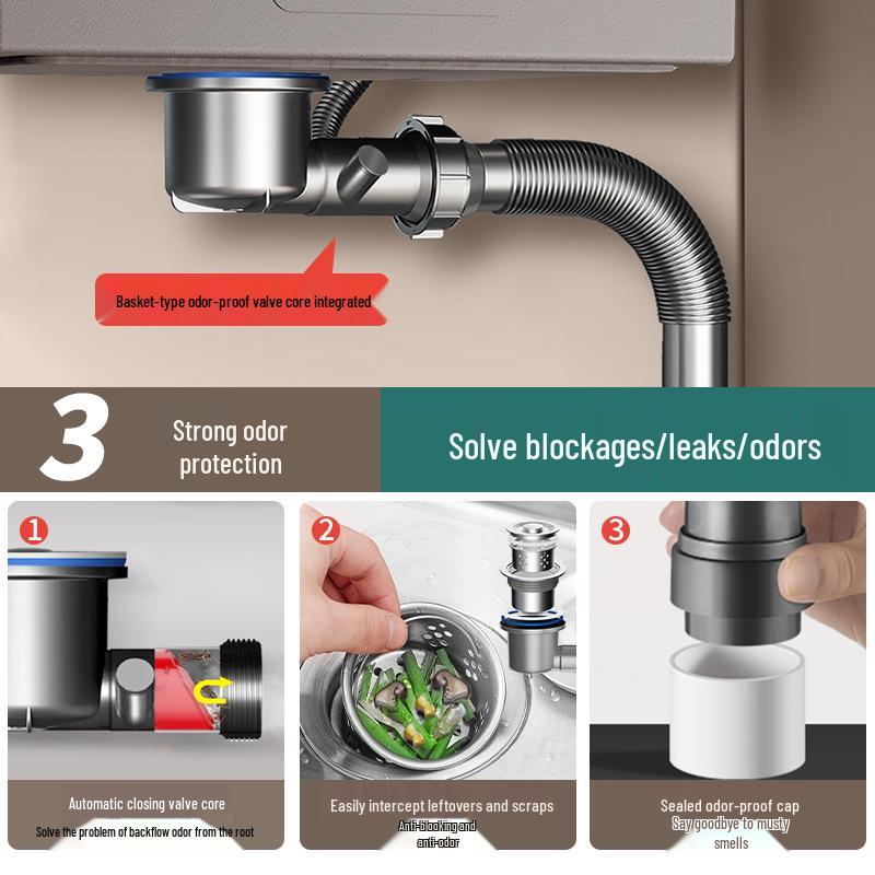 Single Bowl Kitchen Sink Drain Pipe Set with Double Overflow and Anti-Odor Features