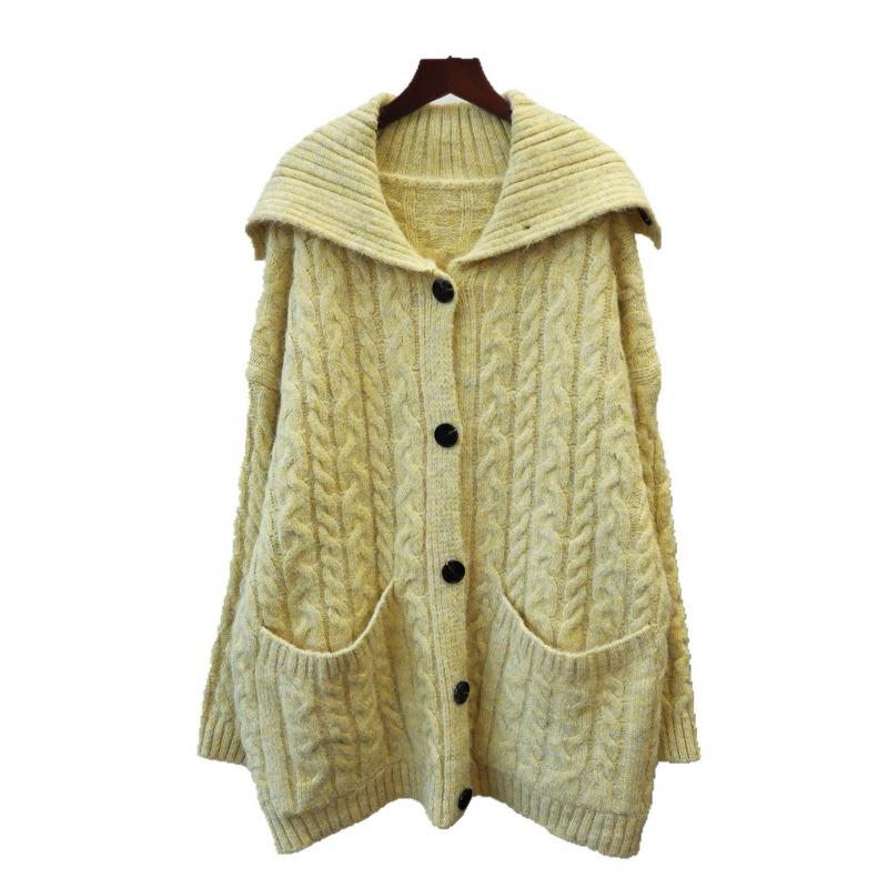 Autumn and winter new medium and long lapel loose twist knitted cardigan lazy wind sweater jacket women