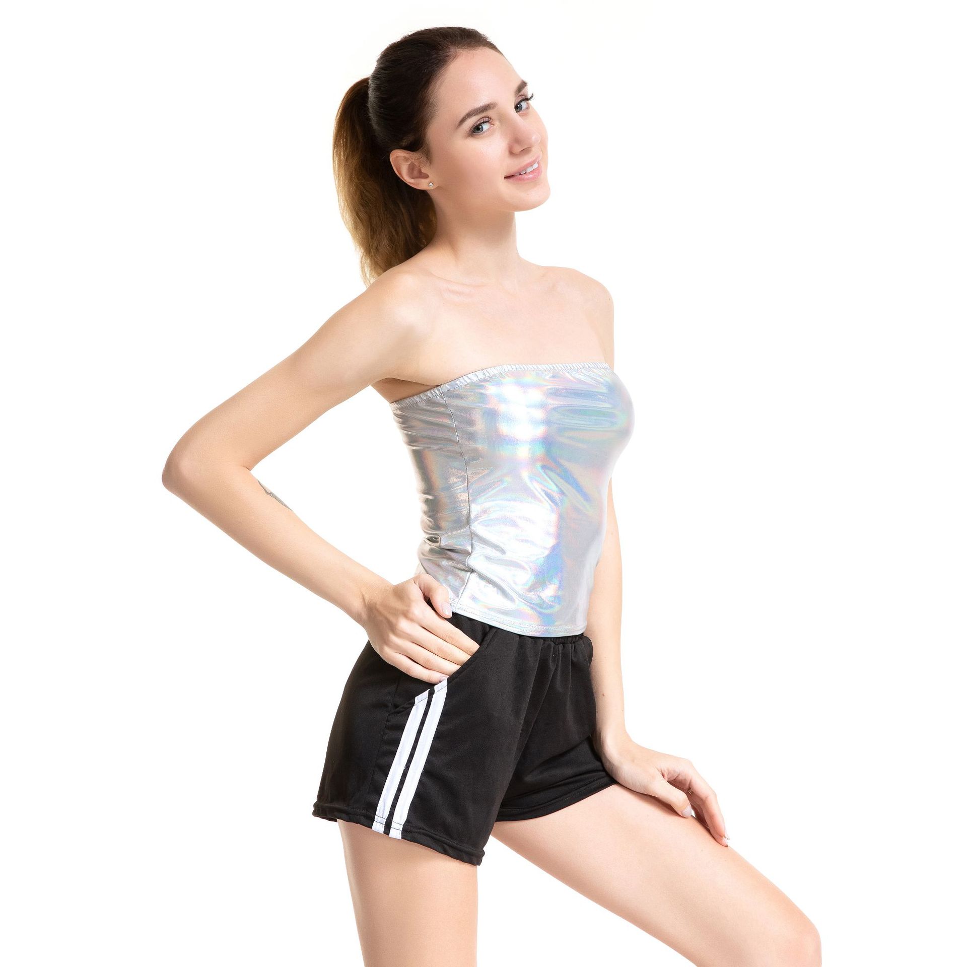 

Женский эластичный топ-бандо без бретелек с металлическим принтом и открытыми плечами, блестящий укороченный топ для фестиваля и клуба, танцевальные топы-трубы S серебряный/разноцветный