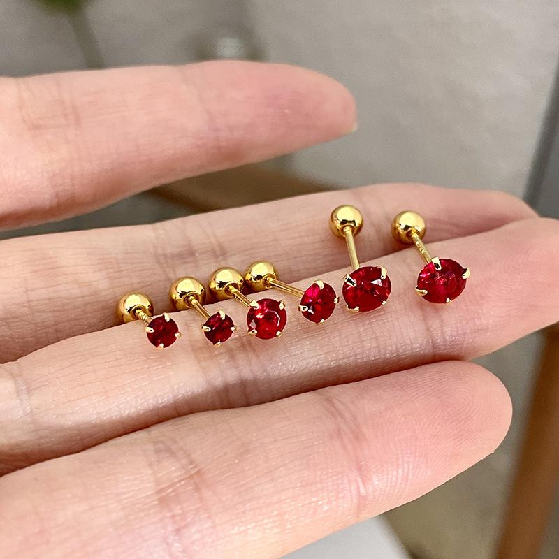 Classics Luxury Round Red Zircon Bead Stud Simple Earrings for Women Fashion Body Piercing Trend Jewelry Accessories Party Gifts