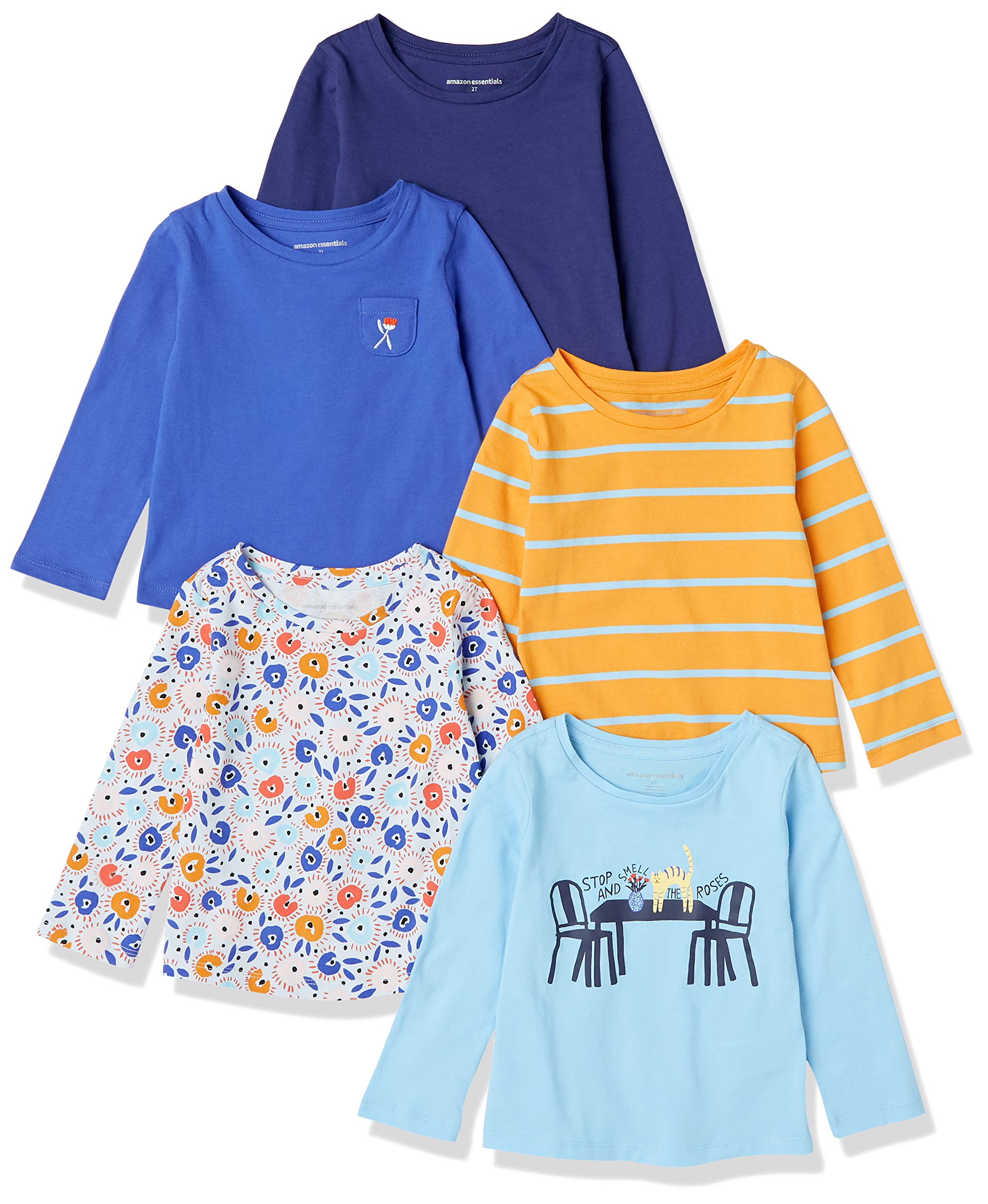 

Amazon Essentials 5-Pack Girls Long Sleeve T-Shirts, Blue, Dot Floral, 105-110