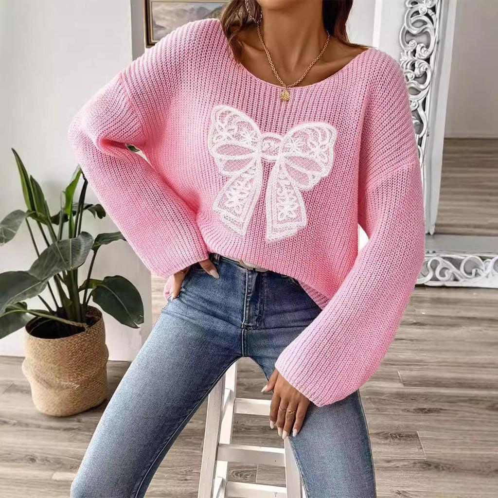 Women's European & American Bow Embroidery Pullover Sweater with Loose Micro-flared Sleeves