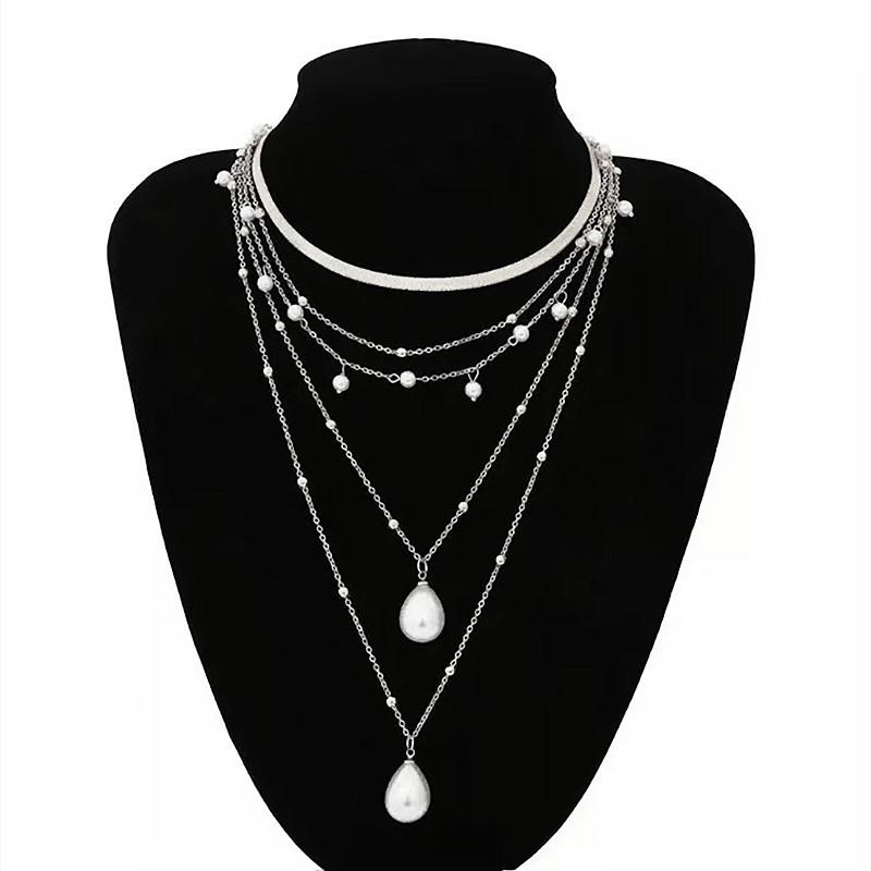 

New Bohemian choker female metal, multi-layer blade chain copper beads pearl pendant necklace срібний