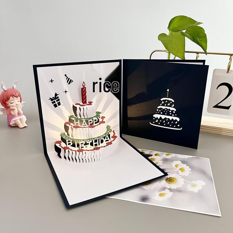 Handmade 3D Blue Birthday Card with Music and Cake Design – Elegant Gift for Friends