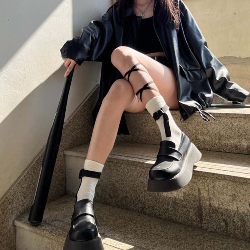 1 Pair Personalized Style Socks with String Straps Cool Socks Cotton Socks Women Calf Socks Girls Lace up Ankle Socks