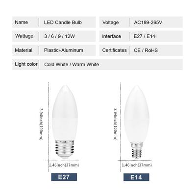 12 PIEZAS Bombilla Vela LED AC220V 3W 6W 9W 12W E27 E14 Blanco Frío Luz Neutra Blanco Cálido para Candelabros y Lámparas de Cristal