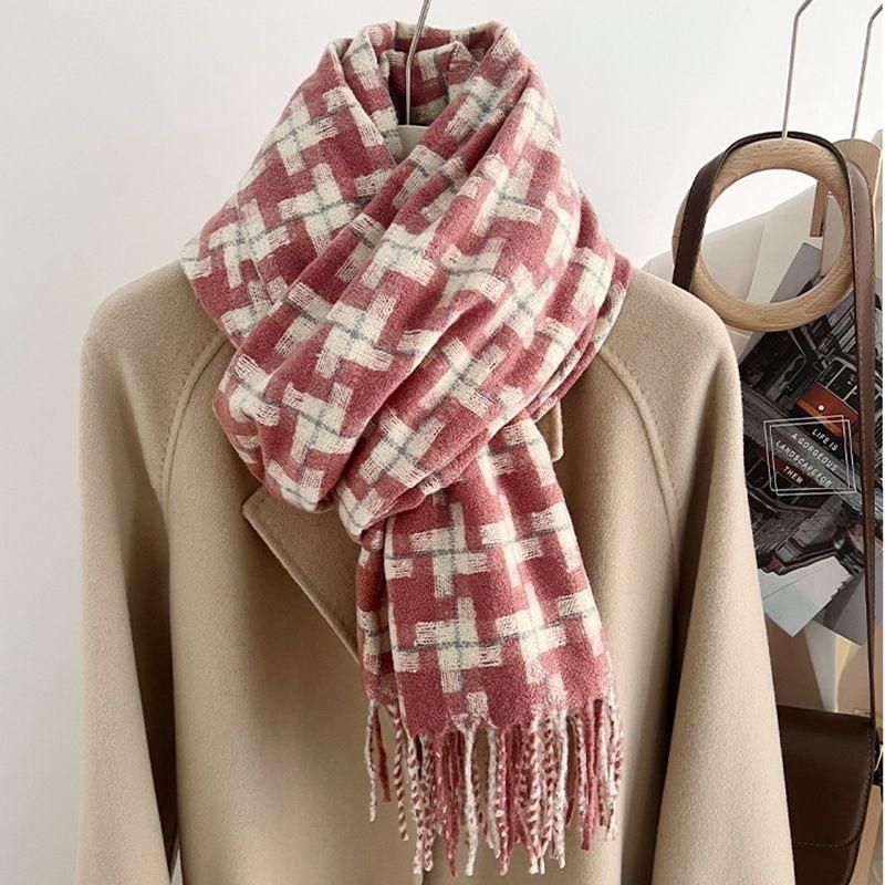 Korean Style Versatile Winter Imitation Cashmere Windmill Plaid Scarf for Men and Women To Keep Warm and Fashionable Tassel Shawl Dual Purpose Scarf