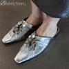 Fashion Women Mules Shoes Bling Flats Square Toe Slippers Elegant New 2025 Summer Sandals Dress Party Luxury Woman Slingback Shoes Mujer