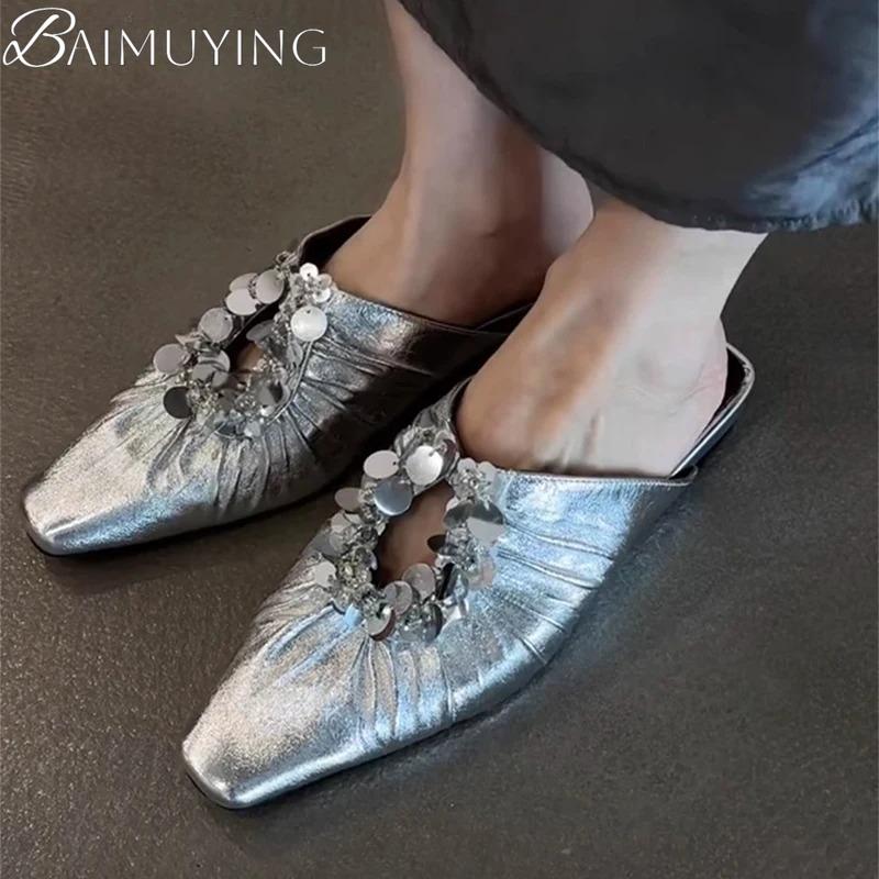 Fashion Women Mules Shoes Bling Flats Square Toe Slippers Elegant New 2025 Summer Sandals Dress Party Luxury Woman Slingback Shoes Mujer