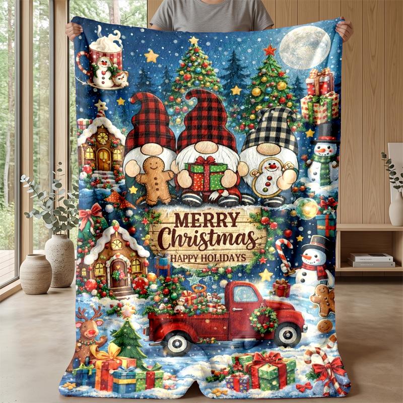 Festive Christmas Gnome with Tree and Heart Theme Blanket Lightweight Warm Flannel Blanket Decorative Throw Blanket for Home Decoration