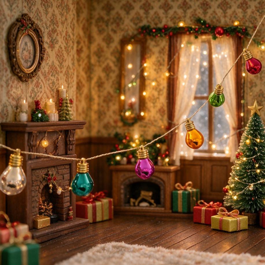 Gold-Plated Christmas Bulb String Lights with Beaded Garland for Holiday Decoration