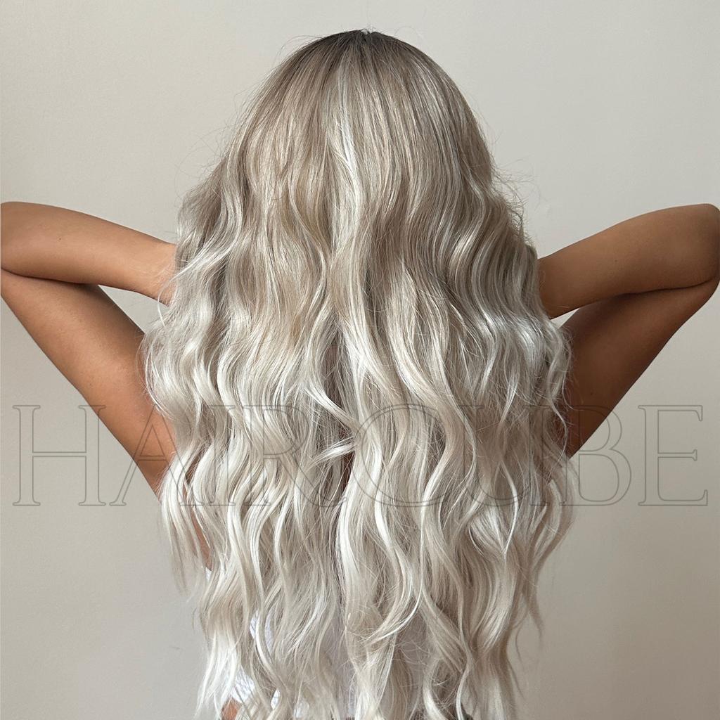 New Natural Style Domestic Brand Brown Gradient Platinum Bangs Middle Part Wavy Long Curly Wig 26inch