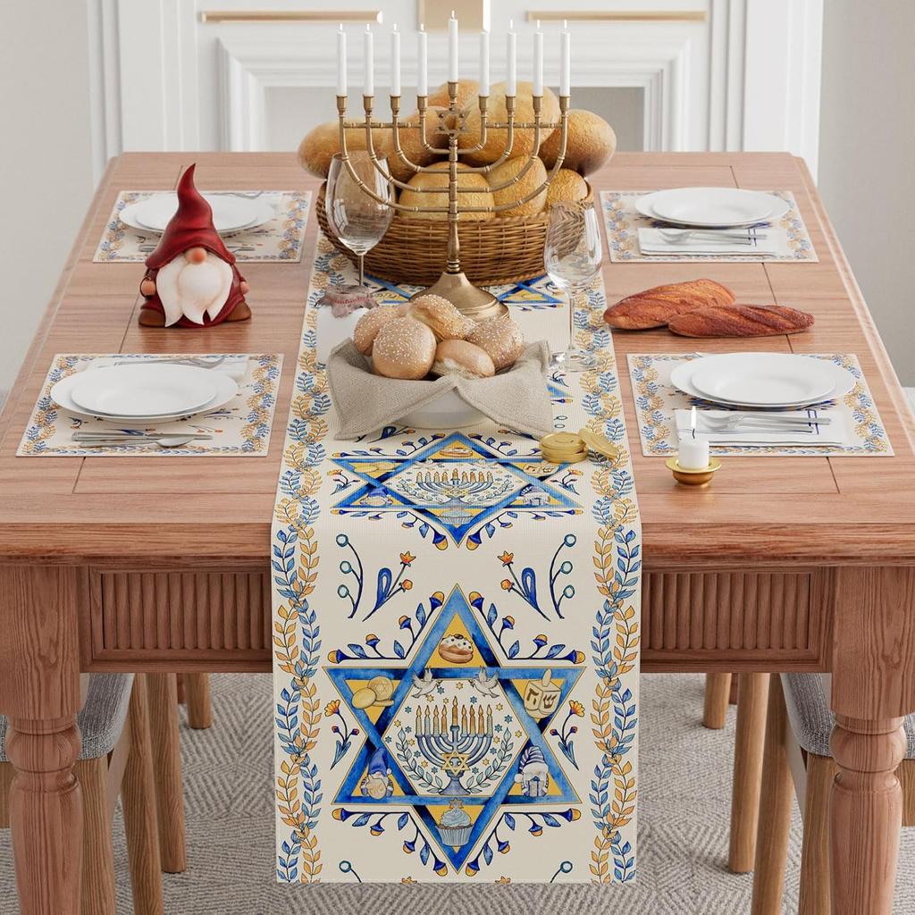 XCHI Six-Pointed Star Hanukkah Olive Leaf Chanukah Menorah Table Runner Table Decoration for Party Home Kitchen Dining Holiday Decor 13x72 Inch