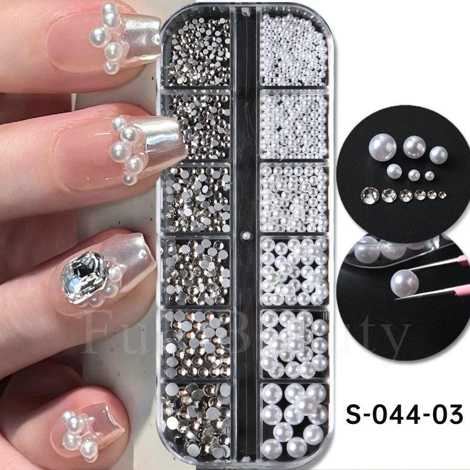 Nail Art Jewelry, Maillard Color Pearl Flat-Bottomed Diamond Steel Ball Diy Nail Jewelry Mixed