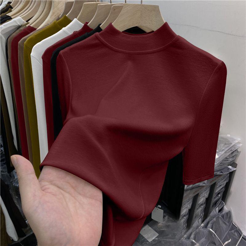 Chic High-Neck Slimming Mid-Sleeve Top (1/2 Piece) - Fashionable Natural Shoulders, Ideal for Spring/Autumn Layering, Body-Conscious Women's T-Shirt