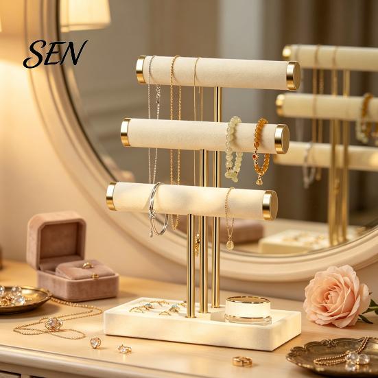 Desktop Jewelry Holder 3 Tier Velvet Organizer, T-shaped for Bracelet, Non-slip Stand Necklaces Rings, & Earrings, with Storage Tray Earring Rack