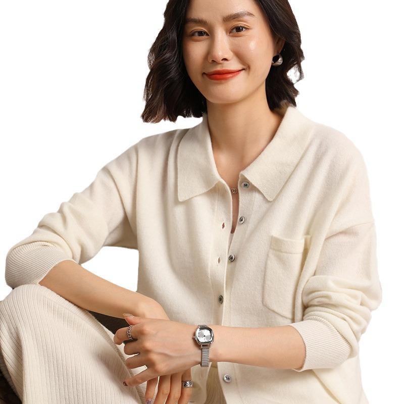 Women's Versatile Cashmere Knit Sweater: 2023 Autumn/Winter Polo Collar, Loose Fit, Solid Color