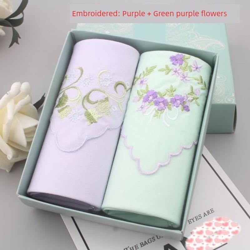 

Embroidered Quality Simple and Fresh Gift Box Handkerchief Embroidered: Purple + Green purple flowers