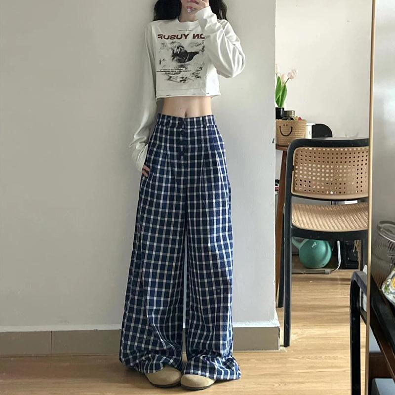 

Women s Korean Retro Blue Plaid Wide-Leg High Waist Loose Trousers - Summer Casual Style Small