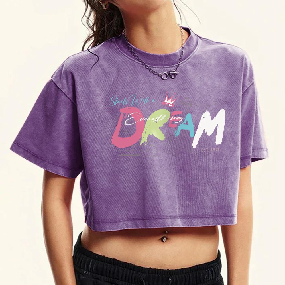 Starts With A Dream Graffiti Printing Womens Washed Slim T Shirt Retro Fitness T Shirts Cotton Casual Fashion Cool Tee