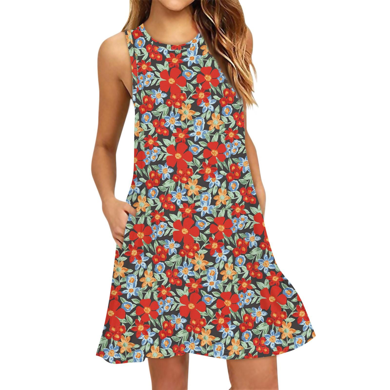 Women s Fashion Beach Dress Sleeveless Round Neck Floral Print Dress XL винный