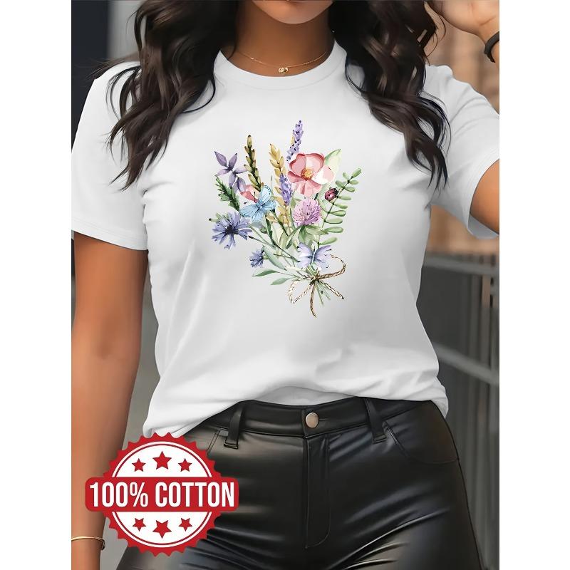 European Size Artistic Printed Pattern 180G Heavyweight Pure Round Neck Short Sleeve T-Shirt for Women, Summer Style S белый