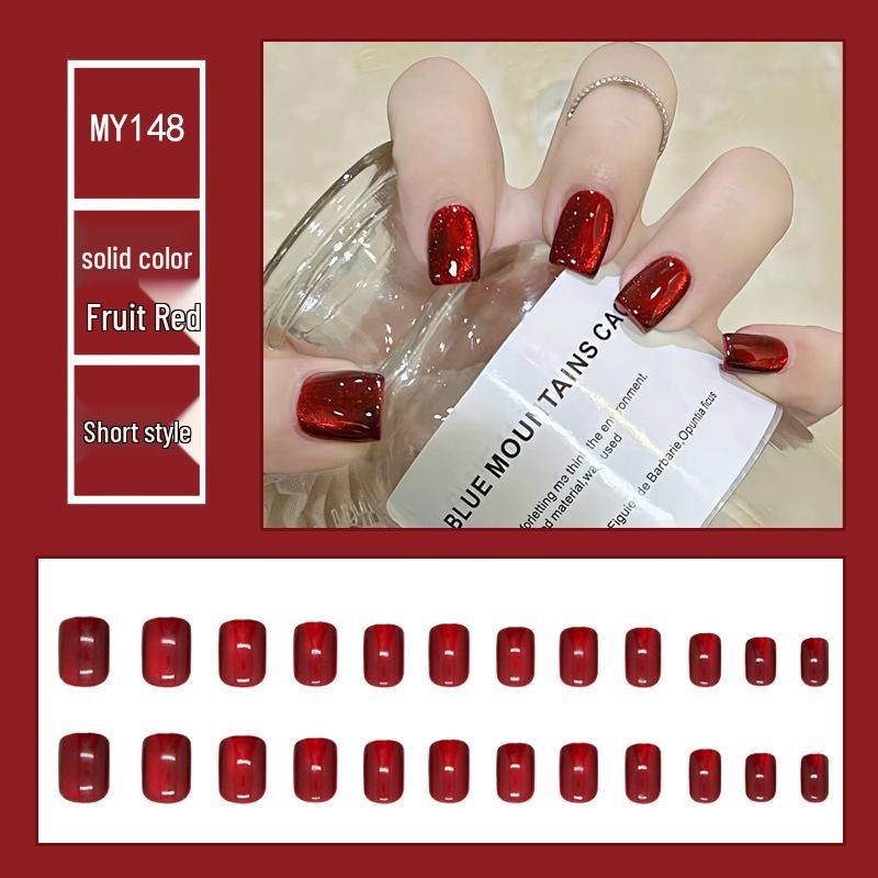 

Красные Однотонные Блестящие Ногти Кошачий Глаз Отбеливающие Накладные Ногти