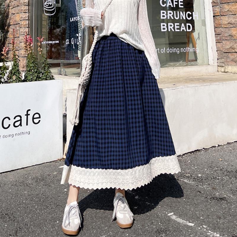 Women's High Waist Checkered Lace Trim A-line Midi Skirt (2025)