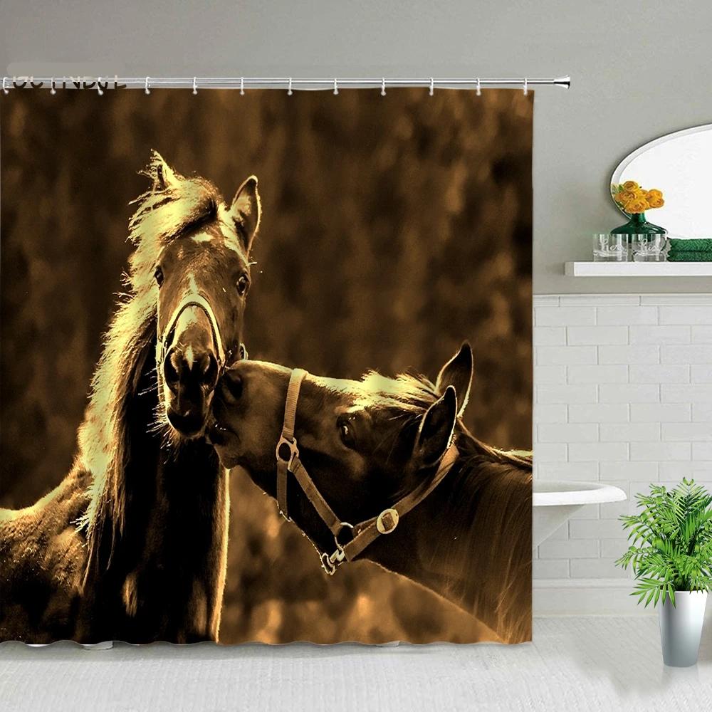 Farm Animal Horse Shower Curtain Wildlife Elephant Leopard Lion Tiger Pattern Shower Curtain Set Highland Cows Bathroom Curtains