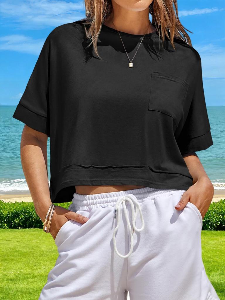 Womens Oversized Crop T Shirt Short Sleeve Workout Tee With Side Pockets