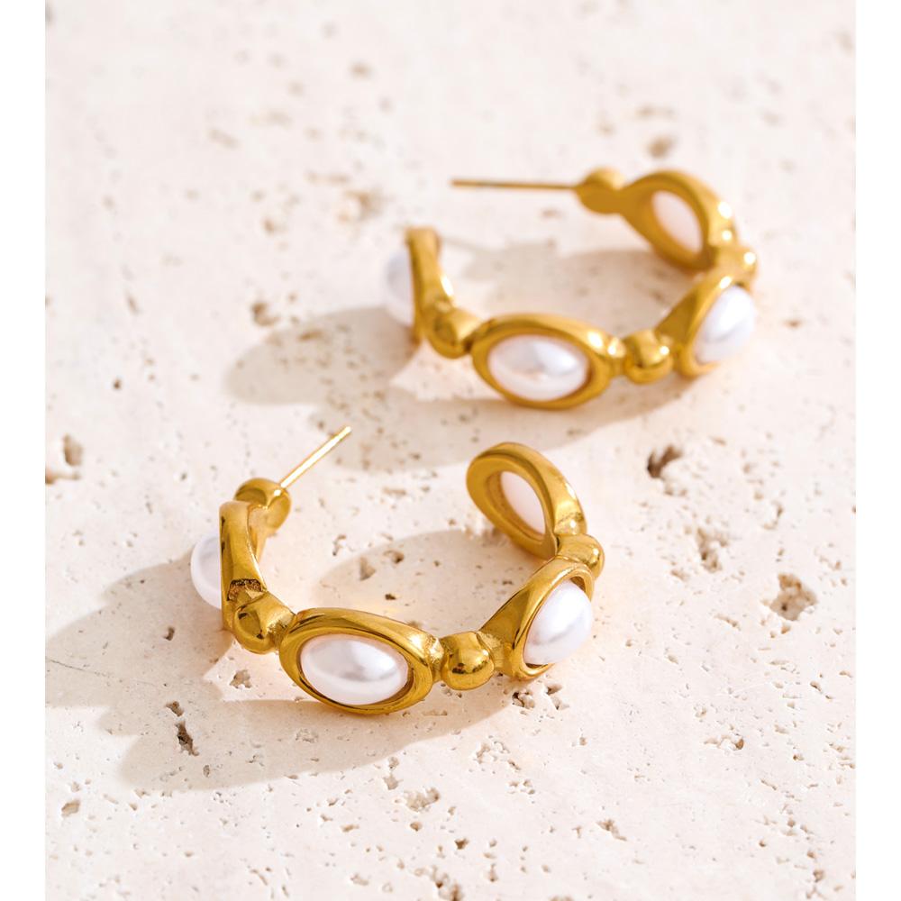 Yhpup Simulated Pearls C-Shape Hoop Earrings for All Occasions Stainless Steel Vintage Fashion Korean Daily Basic Jewelry Gift