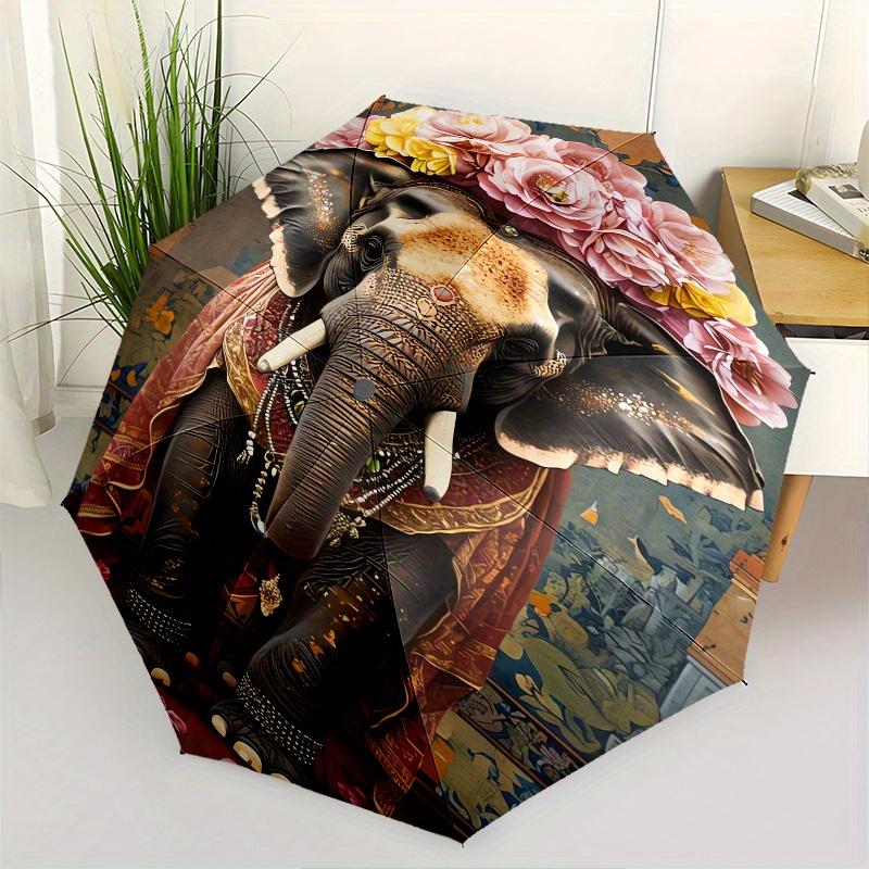 

Elephant, Floral Theme 8 Bone Hand Automatic Folding Umbrella, Compact and Portable Design, A Perfect Gift for Birthday, Christmas or Busine