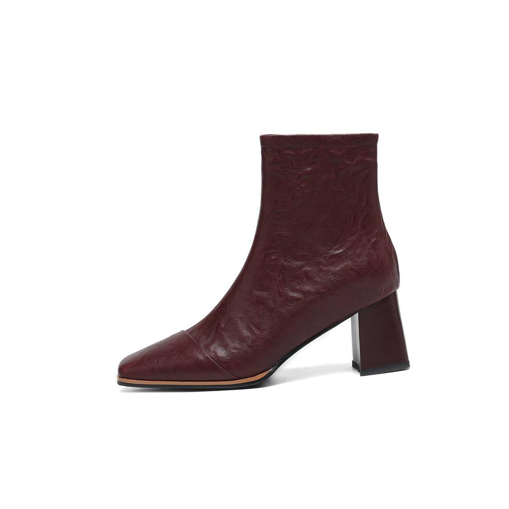 Krazing Pot Sheepskin Autumn Winter Shoes Thick High Heels Big Size 43 Modern Boots Square Toe Keep Warm Zip Pleated Design Ankle Boots