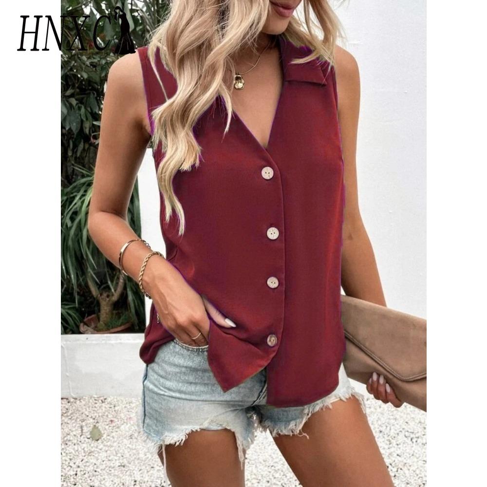 HNXC Dame Mote Casual Ensfarget Trykk Ermeløs V-hals Bluser & Skjorter