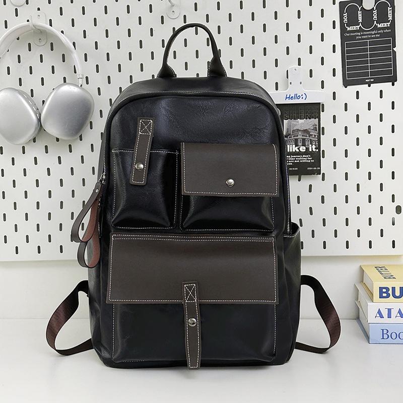 Schoolbag Hong Kong style retro backpack autumn and winter new simple PU large capacity student schoolbag versatile travel leisure backpack
