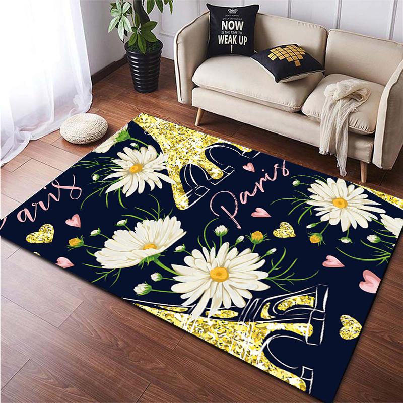 Cartoon Blume Schönes Gemälde Teppich für Wohnzimmer Großer Flächenteppich Schwarz Weicher Teppich Heimdekoration Matten Boho Teppiche