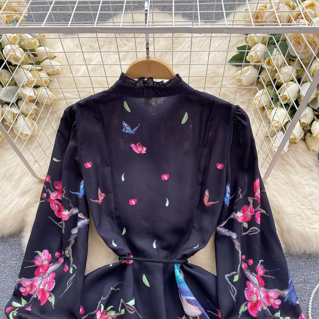 French Chic Retro Vestidos Female Long Sleeve Printed A-line Bodycon Dress Spring Lace-up Pleated Dresses Button Dropshipping