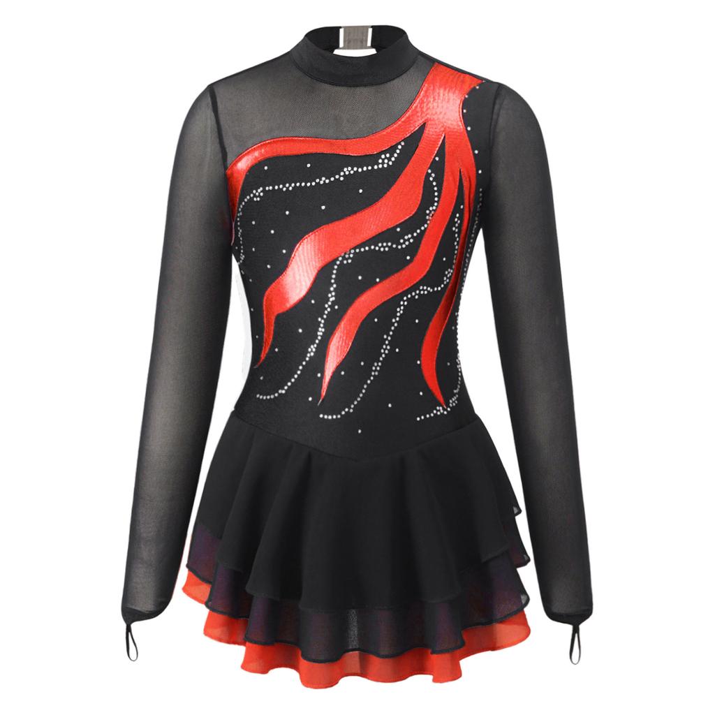 Robe De Danse Pailletée Avec Gants Pour Fille - Manches Longues, Jupe Mousseline 2 Couches - Pour Ballet, Patinage, Spectacle - Tailles 6 à 16 Ans