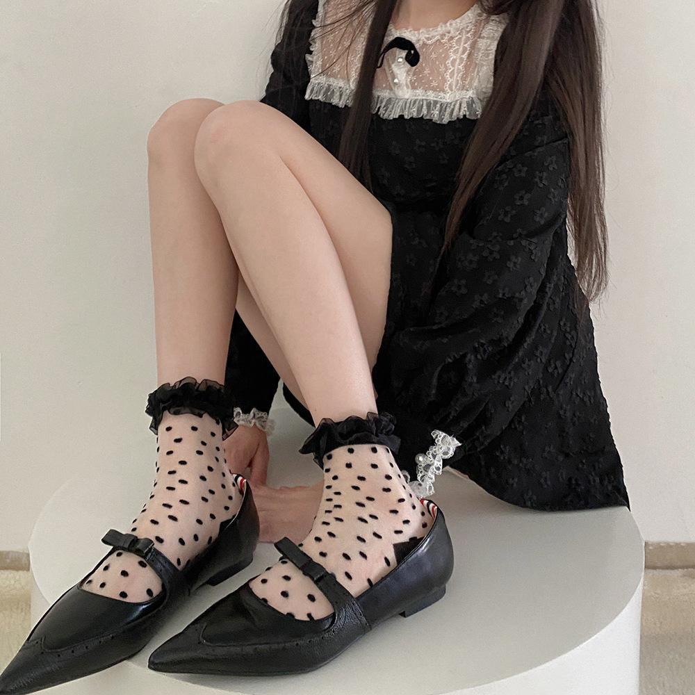 

Japanese Polka Dot Women s Short Socks Spring and Summer Thin Transparent Fungus Edge Stacking Socks Lace Lolita Jk White Socks