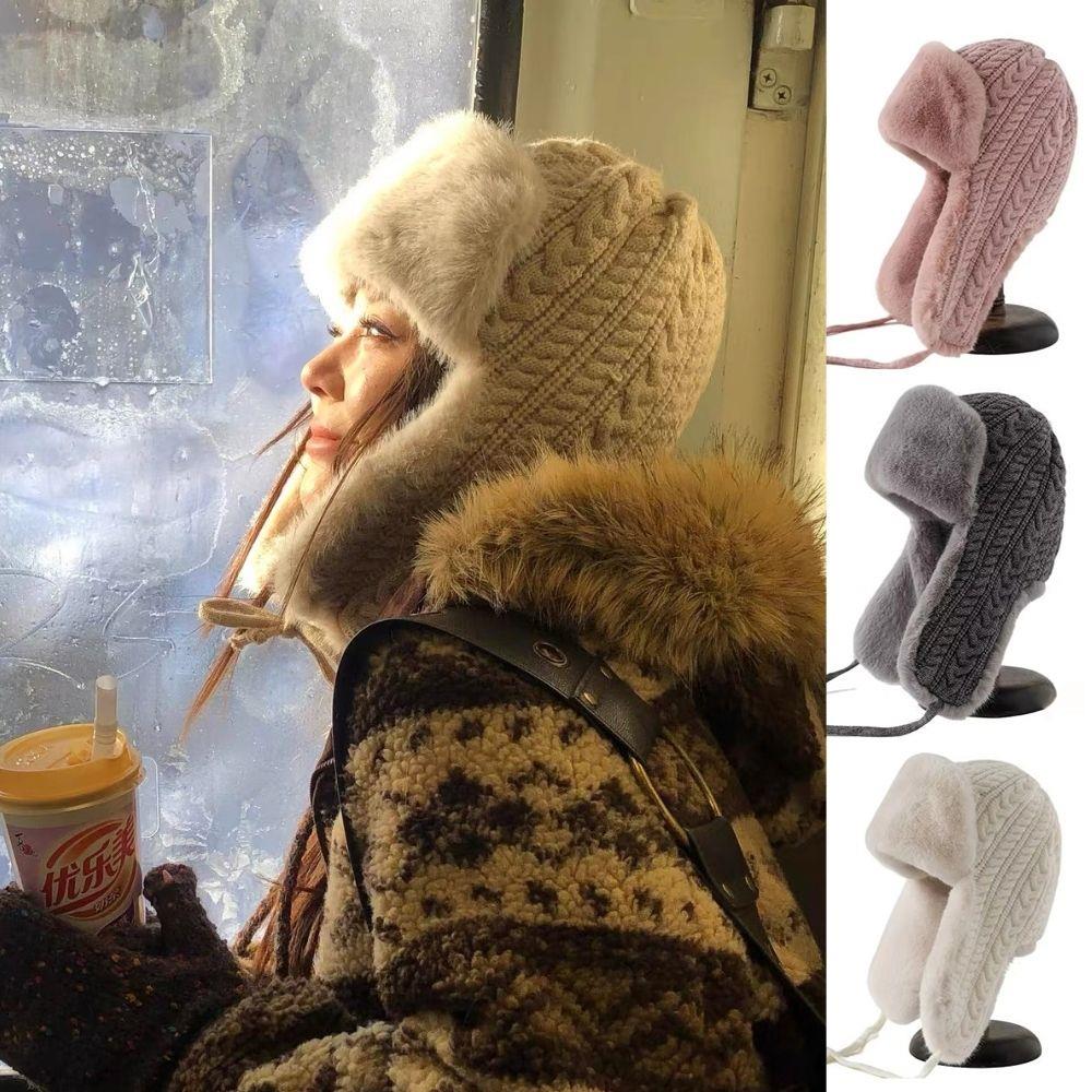 Y2K Winter Knitted Beanies Cap Fashion Plush Knitted Thickened Snow Skiing Hat Outdoor Windproof Warm Ear Protection Hat Women