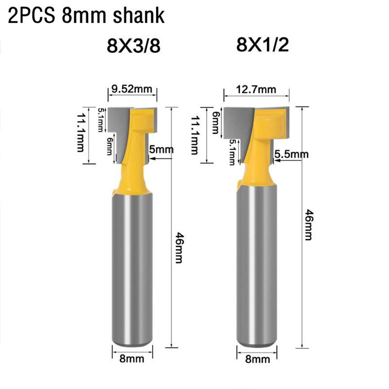 2pc 8mm 12mm 1/2 pollici 6mm 1/4 pollici codolo T-Slot Cutter Router Bit Set punte per fori chiave bullone esagonale T scanalatura fresa per legno strumento di lavorazione del legno