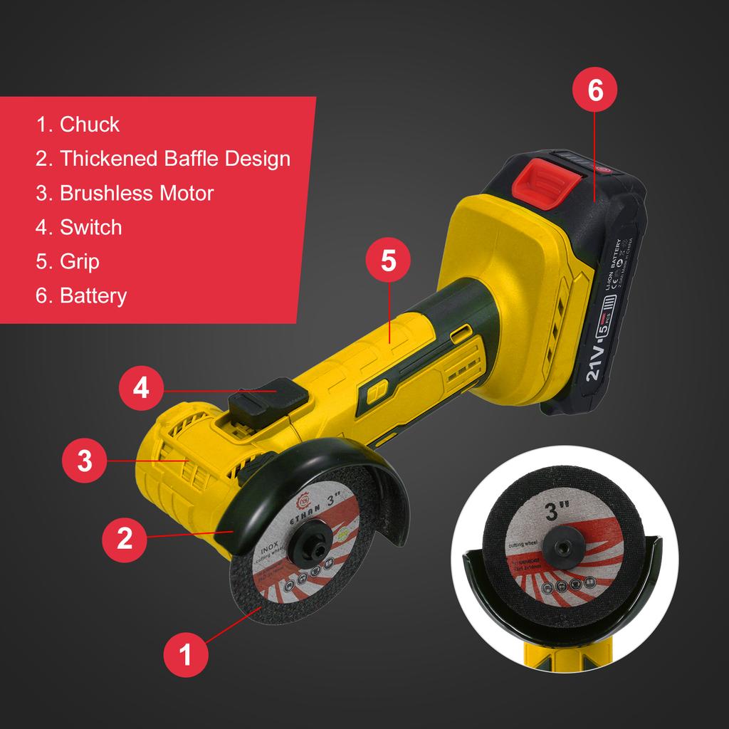 21V 19000rpm Brushless Angle Grinder with 2 Batteries, Portable Cordless Cutting Polishing Grinder, 7 Pcs Sanding